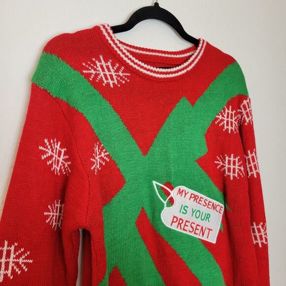 AMERICAN STITCH Red My Presence Is Your Present Ugly Christmas Sweater Sz L - Picture 3 of 11